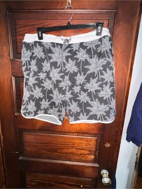 DIXXON Black Swim Trunks with Gray Palm Pattern and White Trim